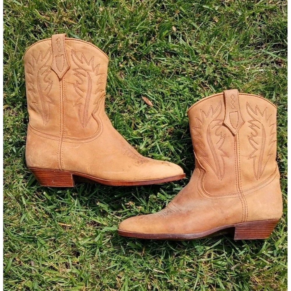 Vintage Westies Tan Leather Cowboy Boots 8 8.5 Western Rodeo Coastal Cowgirl